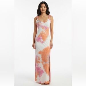 Haute Monde Maxi Dress Ribbed Bodycon Slit Stretchy Sexy Tie-Dye Orange Pink MD
